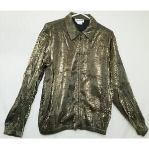Vtg-JOAN LESLIE Top Olive Grn Crinkle Metallic Zip Up Glossy Shiny Disco Size 10